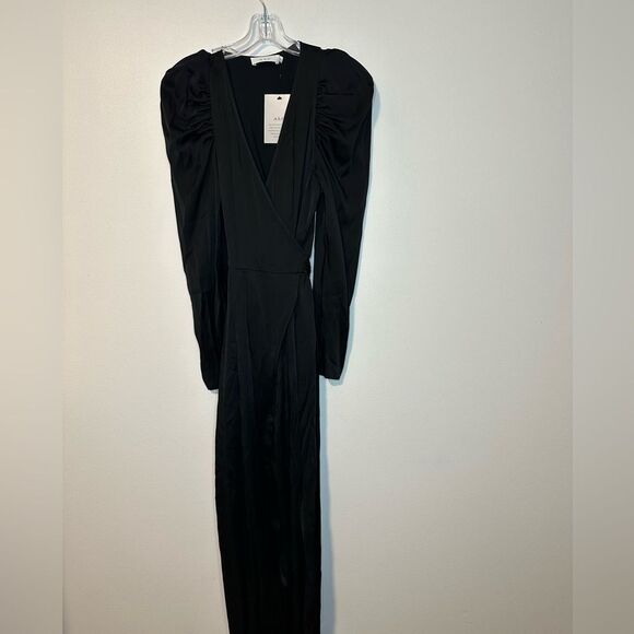 A.L.C. Christian Black Puff-Sleeve Belted Satin V Neck Straight Leg Sz 4 NWT - Picture 2 of 6